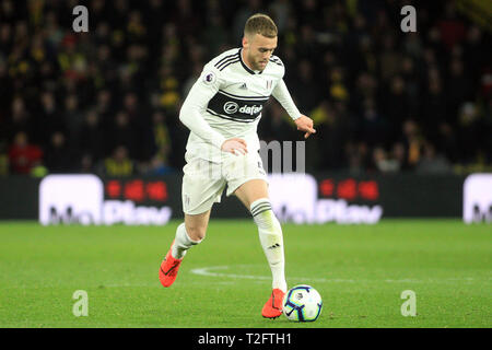 Watford, Royaume-Uni. Apr 02, 2019. Calum Chambres de Fulham en action. Premier match d'EPL, Watford v Fulham à Vicarage Road à Londres le mardi 2 avril 2019. Cette image ne peut être utilisé qu'à des fins rédactionnelles. Usage éditorial uniquement, licence requise pour un usage commercial. Aucune utilisation de pari, de jeux ou d'un seul club/ligue/dvd publications pic par Steffan Bowen/Andrew Orchard la photographie de sport/Alamy live news Crédit : Andrew Orchard la photographie de sport/Alamy Live News Banque D'Images