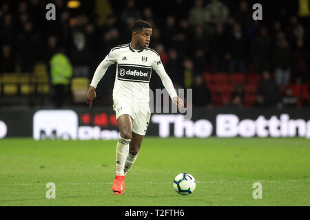 Watford, Royaume-Uni. Apr 02, 2019. Ryan Sessegnon de Fulham en action. Premier match d'EPL, Watford v Fulham à Vicarage Road à Londres le mardi 2 avril 2019. Cette image ne peut être utilisé qu'à des fins rédactionnelles. Usage éditorial uniquement, licence requise pour un usage commercial. Aucune utilisation de pari, de jeux ou d'un seul club/ligue/dvd publications pic par Steffan Bowen/Andrew Orchard la photographie de sport/Alamy live news Crédit : Andrew Orchard la photographie de sport/Alamy Live News Banque D'Images