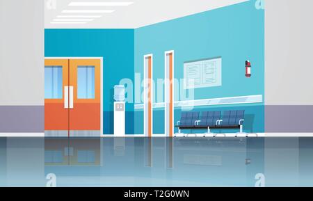 Couloir de l'hôpital salle d'attente de l'information avec le président du conseil d'ascenseur et les portes aucun peuple vide intérieur clinique plate horizontale vector illustration Illustration de Vecteur