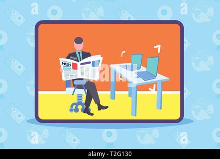 Garde de sécurité mâle worker reading newspaper homme en uniforme assis au bureau de travail avec ordinateur portable de contrôle de la technologie de la sûreté de toute la longueur du système Illustration de Vecteur