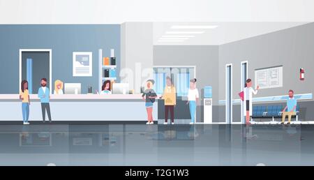Les patients de race mix ligne permanent à la file d'attente de réception de l'hôpital les médecins de soins de consultation clinique médicale concept décor len Illustration de Vecteur