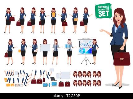 Femme de caractère d'affaires vector set. Femme parlant de bureau et la tenue de sac avec différentes postures et les gestes de la main pour les présentations. Vector Illustration de Vecteur