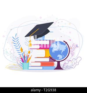 L'obtention du diplôme concept vecteur sur fond blanc. Les études supérieures sur une pile de livres. Télévision cartoon de voeux design, bannière, carte d'invitation. Illustration de Vecteur