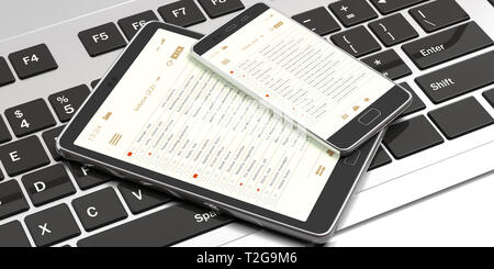 E-mails et les appareils électroniques. Des listes d'email sur smartphone et tablette clavier d'ordinateur, écrans de fond, bannière. 3d illustration Banque D'Images
