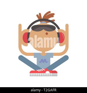 Le personnage de télévision style montre un mélomane qui est assis les jambes croisées et écouter de la musique. Il porte des lunettes et des écouteurs. Illustration de Vecteur