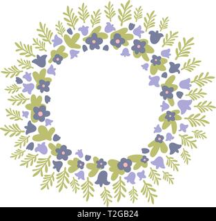 Round violet, vert et bleu vecteur floral printemps couronne, avec cloches et forget-me-nots Illustration de Vecteur