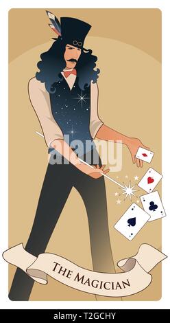 Les cartes de Tarot Arcanes majeurs. Le magicien avec moustache et chapeau, tenant une baguette magique de faire de la magie avec des cartes à jouer. Illustration de Vecteur