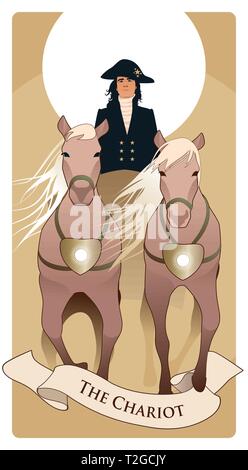 Les cartes de Tarot Arcanes majeurs. Le Char. Bien char tiré par deux chevaux et conduit par un cocher en livrée élégante et hat. Illustration de Vecteur