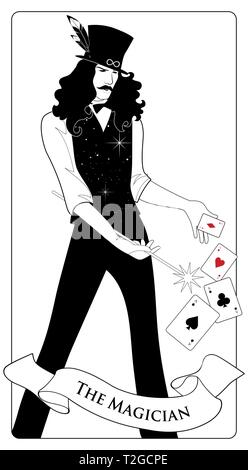 Les cartes de Tarot Arcanes majeurs. Le magicien avec moustache et chapeau, tenant une baguette magique de faire de la magie avec des cartes à jouer. Illustration de Vecteur