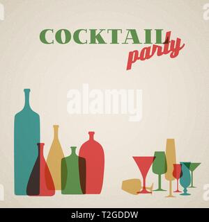 Vector Retro cocktail party carte d'invitation avec des verres et bouteilles Illustration de Vecteur