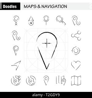 Cartes et Navigation Hand Drawn Icon Pack pour les concepteurs et développeurs. Des icônes, supprimer la carte gps, cartes, navigation, boussole, GPS, position, Vector Illustration de Vecteur