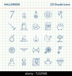 Doodle Halloween 25 icônes. Hand Drawn Business Icon Set Illustration de Vecteur