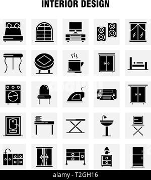 Design intérieur glyphe solide Icons Set pour l'infographie, Mobile UX/UI Kit et Print Design. Inclure : Meubles, articles, lavabo, PORTE, SERRURE, prix, Illustration de Vecteur