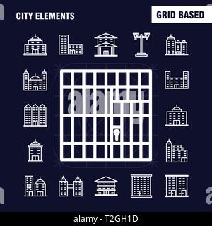 Ligne City Elements Icons Set pour l'infographie, Mobile UX/UI Kit et Print Design. Inclure : Tower, Building, ville, bureau,, bâtiments, Tour, Ville, Off Illustration de Vecteur