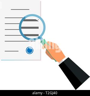 Loupe main tenant le verre et le papier document approuvé. Les informations de vérification d'affaires recherche concept. Lire, regarder et étudier. Vector illu Illustration de Vecteur