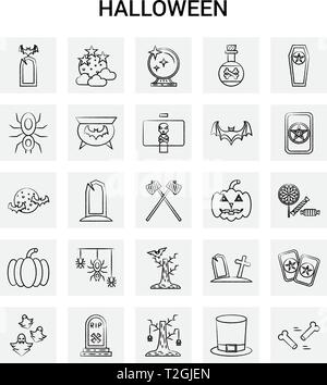 25 Halloween icon set dessiné à la main. Doodle Vecteur Fond gris Illustration de Vecteur