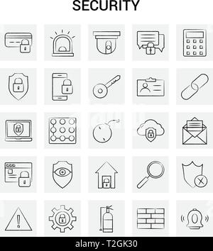 25 icônes de sécurité à la main. Doodle Vecteur Fond gris Illustration de Vecteur