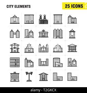 Ligne City Elements Icons Set pour l'infographie, Mobile UX/UI Kit et Print Design. Inclure : Tower, Building, ville, bureau,, bâtiments, Tour, Ville, Off Illustration de Vecteur