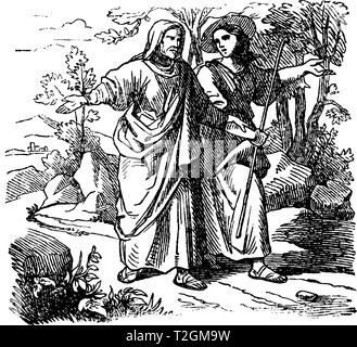 Antique Vintage illustration et dessin ou gravure biblique de Ruth et Boaz. L'homme et la femme sont à marcher ensemble. De Biblische Geschichte de Illustration de Vecteur