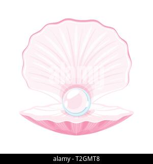 Vector cartoon style coquillage rose avec belle perle à l'intérieur isolé sur fond blanc. Illustration de Vecteur