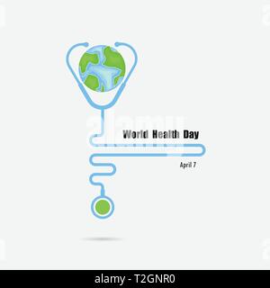 Globe signe et stéthoscope logo vector design.la Journée mondiale de la Santé Journée mondiale de la Santé de l'icône.idée concept de campagne pour carte de vœux et d'affiches.Vecto Illustration de Vecteur