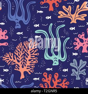 Mignon Hand-Drawn fantaisiste de la vie de la mer, poissons, coraux, algues, algues Vector Pattern transparente. Fond de l'océan pour les enfants. Télévision sous la mer Dessins Illustration de Vecteur