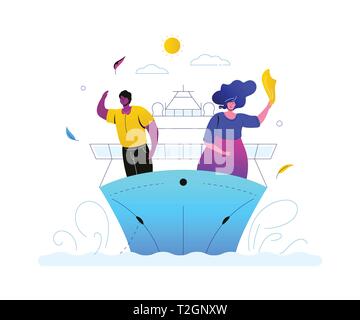 Voyages en mer - télévision couleur style design illustration sur fond blanc. Une composition inhabituelle avec un couple, homme et femme, sur un bateau de croisière, Illustration de Vecteur