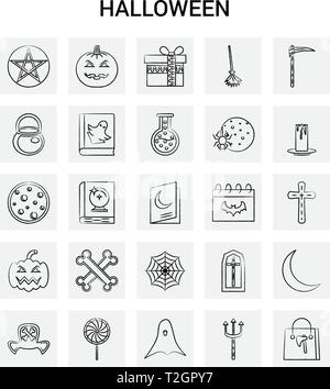 25 Halloween icon set dessiné à la main. Doodle Vecteur Fond gris Illustration de Vecteur