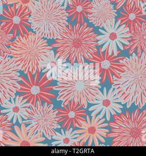 Fleurs de Daisy et Aster rose et bleu corail motif vectoriel sans couture. Fond floral. Carreaux de fleurs de saison contemporains. Rétro dessiné à la main Illustration de Vecteur