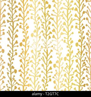 Fond de nature doré. Motif vectoriel sans couture de plantes abstraites en or métallique. Branches et feuilles qui poussent dans la direction verticale. Élégant Illustration de Vecteur