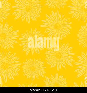 Motif vectoriel sans couture jaune Dahlia fleurs Aster. Fond floral subtil. Art féminin contemporain dessiné à la main pour l'été, le printemps, le tissu et le papier Illustration de Vecteur