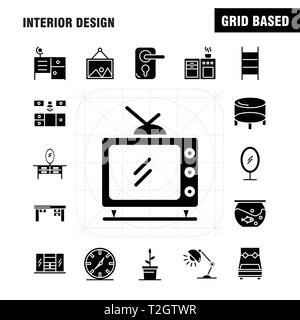 Design intérieur glyphe solide Icons Set pour l'infographie, Mobile UX/UI Kit et Print Design. Comprennent : chambre à coucher, placard, meubles, maison, armoire, téléphone Illustration de Vecteur