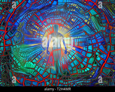 La silhouette de l'homme avec lumière brillante dans sa poitrine Banque D'Images