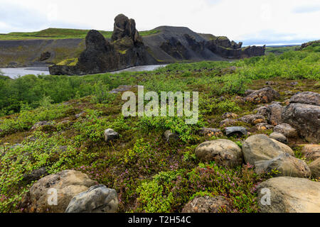 Terrain par des formations de roche de basalte dans le Parc National de Vatnajökull, Islande, Europe Banque D'Images