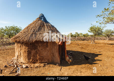Libre de hutte de terre ronde avec toit en paille Himba village et des poulets par la porte en Namibie, Afrique Banque D'Images