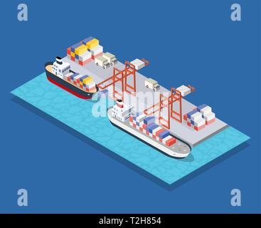 Ville isométrique Boulevard avec un port industriel avec régulation et transports bateau et les navires de transport nautique sur la mer pour les vacances voyage tour Illustration de Vecteur