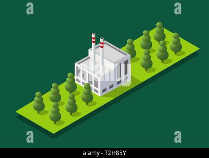 Vue de dessus de l'industrie de la construction et avec 3D isométrique des usines, des moulins, des chaudières et des entrepôts. Illustration de Vecteur