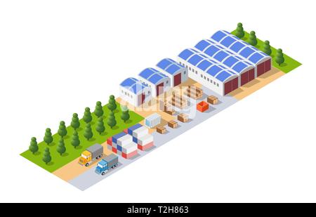 Perspective panorama du paysage des objets industriels usines, usines, parcs de stationnement et entrepôts. Vue isométrique du dessus de la ville avec les rues, b Illustration de Vecteur