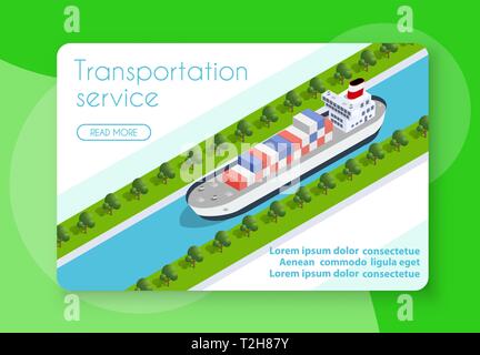 Navire conteneur isométrique et de tourisme du port industriel et touristique couchettes de bateaux avec une illustration de la transport de marchandises et Illustration de Vecteur