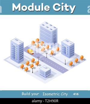 Illustration isométrique ville megapolis trimestre avec des rues, des gratte-ciel, arbres et maisons. Paysage urbain Vue de dessus Illustration de Vecteur