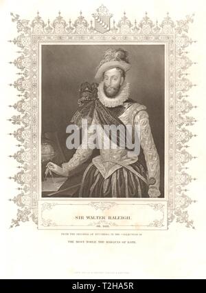 L'histoire britannique. Sir Walter Raleigh. TALLIS 1849 ancienne imprimer photo Banque D'Images