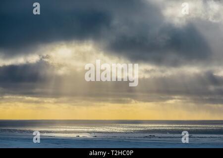 La lumière du soleil brille brille à travers les nuages sombres sur la mer, en hiver, l'Islande, péninsule de Snaefellsnes Banque D'Images