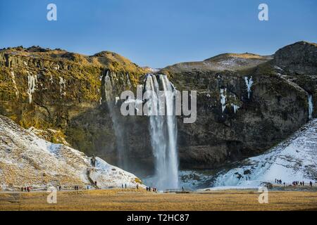 Cascade de Seljalandsfoss en hiver, Suourland, Sud de l'Islande, Islande Banque D'Images