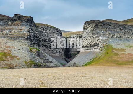 Les touristes sur la falaise à Diskobukta avec de Mouettes tridactyles (Rissa tridactyla), colonie d'oiseaux, l'île de Edgeoya, Banque D'Images