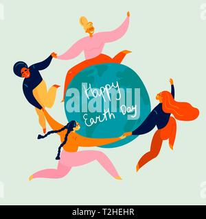 Groupe de jeunes femmes dans un cercle, la danse autour du globe de la Terre. Ils sont heureux de célébrer la Journée de la terre, se tenant la main. Eco et des études Illustration de Vecteur