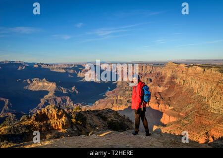 Jeune femme, se place en avant de la gorge du Grand Canyon, Colorado River, rock, paysage érodé voir près de la Desert View Watchtower Banque D'Images