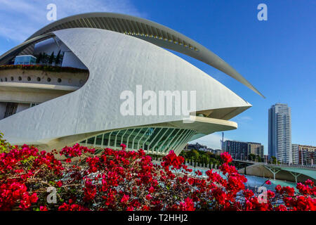 Valencia City of Science, El Palau de les Arts Reina Sofia et pélargoniums rouge Géranium rouge, Espagne Europe fleurs de l'Opéra de Valence Banque D'Images