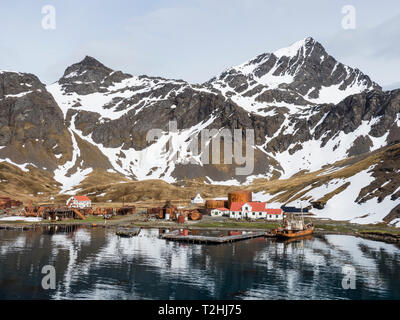 La station baleinière abandonnée à Grytviken, maintenant nettoyé et remis à neuf pour le tourisme sur l'île de Géorgie du Sud, Océan Atlantique Banque D'Images