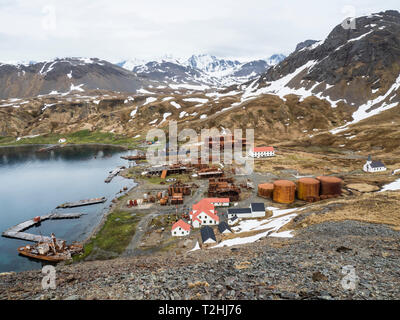 La station baleinière abandonnée à Grytviken, maintenant nettoyé et remis à neuf pour le tourisme sur l'île de Géorgie du Sud, Océan Atlantique Banque D'Images