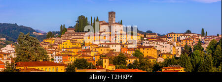 Vue panoramique sur les toits de la ville de Barga, Toscane, Italie, Europe Banque D'Images